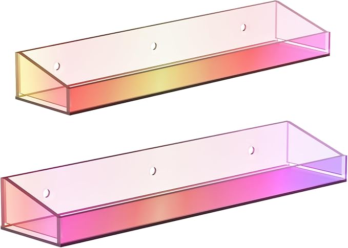 Bakzon 2 Pack Acrylic Shelves for Wall Storage, 15" Floating Shelves, Kids Bookshelf, Nail Polish Holder, Perfume Display Shelf Organizer for Bathroom, Bedroom, Living Room, Iridescent - Image 9