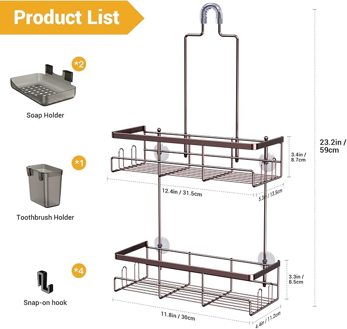 AKTECKE Shower Caddy Hanging Bathroom Organizer: Rustproof Shelf for Inside Shower - No Drilling, Over Showerhead - Bath Shelves for Shampoo, Soap - Bronze - Image 6