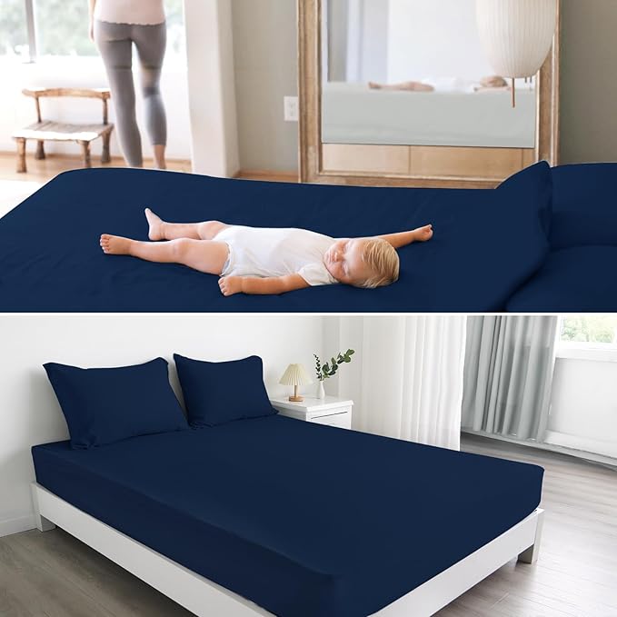 2 Pack Mattress Protector & Waterproof Bed Sheet, Machine Washable 18" Deep Pocket Queen Size Covers, Navy Blue