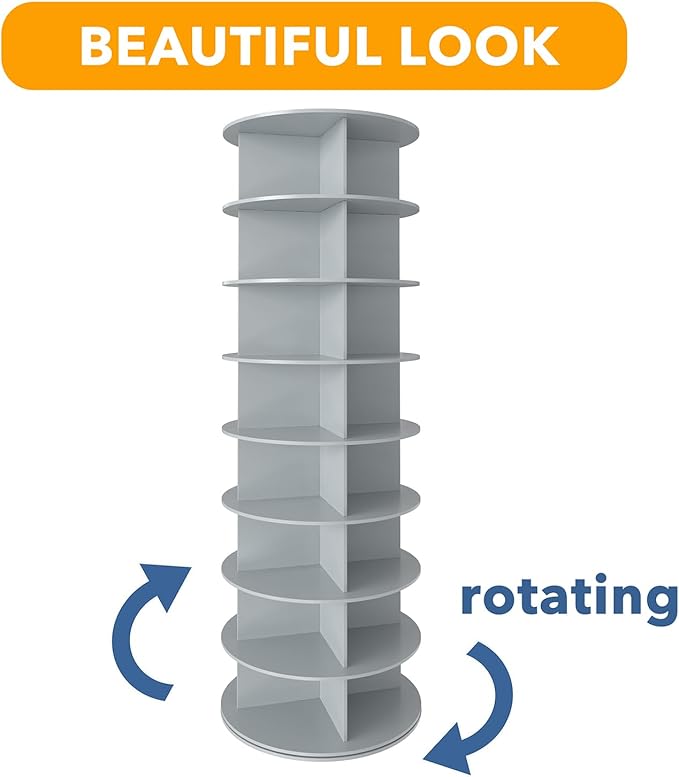 SpaceAid 8 Tier Rotating Shoe Rack Tower, Spinning Shoe Display Lazy Susan, Revolving 360 Shoe Rack Storage Round Carousel, Vertical Handbag Rotate Shoes Closet Organization (8-Tier Gray) - Image 7