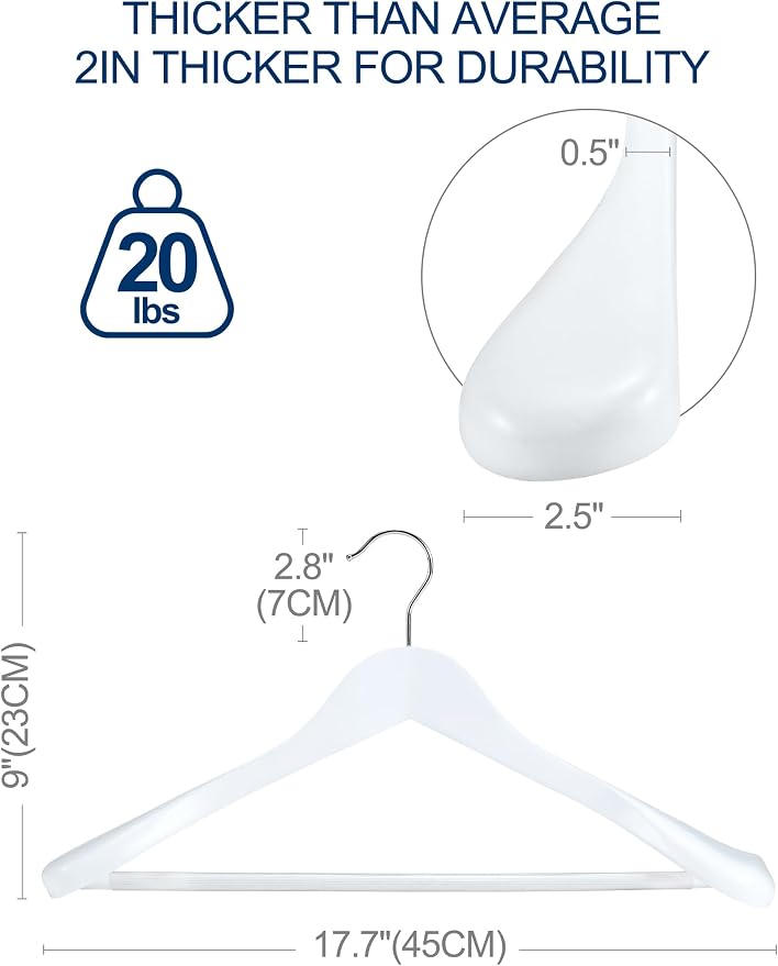 HOUSE DAY High-Grade Solid Wood Coat Hangers for Women, Wide Shoulder Wooden Hangers, Suit Hangers with Non Slip Pants Bar, Smooth Finish 360° Swivel Hook for Dress, Heavy Clothes Hangers 6 Pack White - Image 9