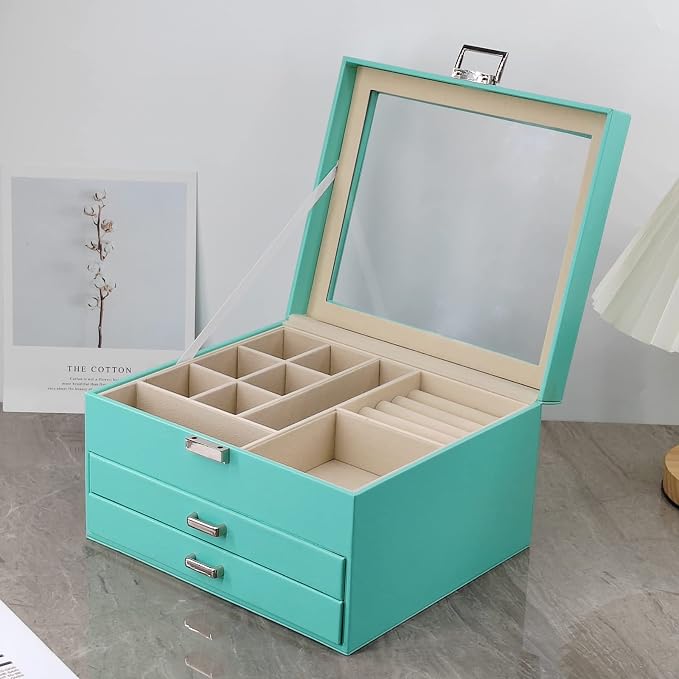 BOOVO Clear Lid Jewelry Box,3 Layers Jewelry Organizer Large Multi-Functional Jewelry Storage Box with 2 Drawers,Jewelry Display Case of Rings Earrings Necklace Bracelets for Women Girls (Turquoise) - Image 8