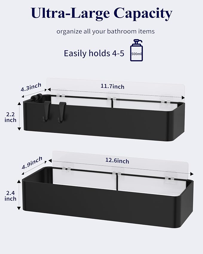 Kitsure Shower Caddy - 2 Pack Adhesive Shower Organizer, Rustproof Metal Shelves, No-Drill Bathroom Organizers and Storage, Black, X-Large - Image 2