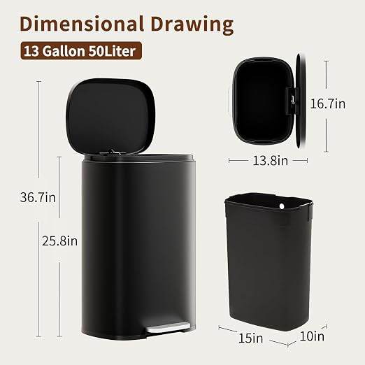 PayLessHere Stainless Steel Trash Can with Lid - Removable Inner Bucket, Foot Pedal Soft Close for Office, Home, Kitchen Garbage Bin (Black, 13 G) - Image 7