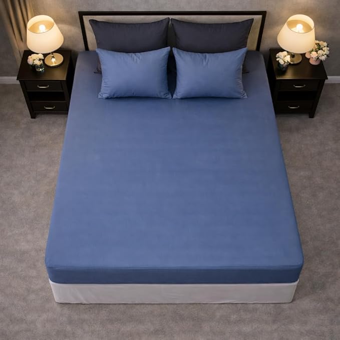 100% Cotton Single Layer Mattress Cover King Size, Elastic Mattress Cover, Stretches Up to 16 Inches Deep, Cozy, Absorbent, Easy to Replace, Machine Washable (6 Colors) (Navy, Full)
