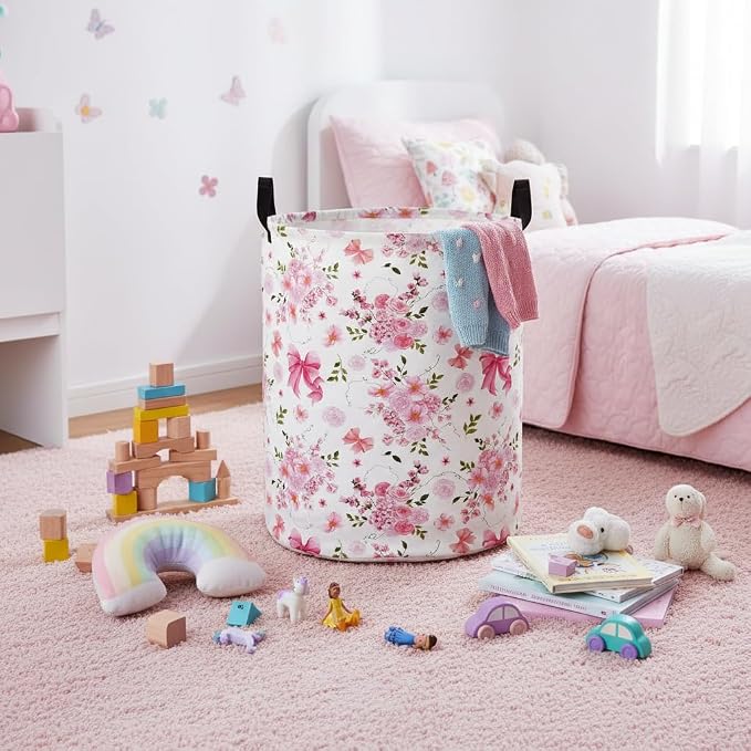 Baby Laundry Basket Baby Nursery Hamper Kids Laundry Basket Toy Storage Bin for Boys Room Decor Gift Baskets for Bedroom Bathroom(Bowknot Flower) - Image 6