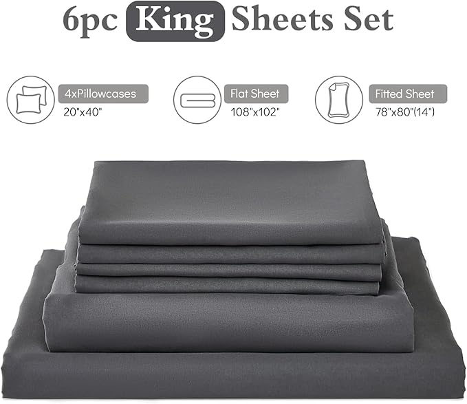 ILAVANDE King Size Sheets Set 6 Piece,Hotel Luxury Super Soft 1800 Series Microfiber Grey Bed Sheets King Set-Wrinkle Free & Breathable-14 Deep Pocket Sheets for King Size Bed(King,Grey)