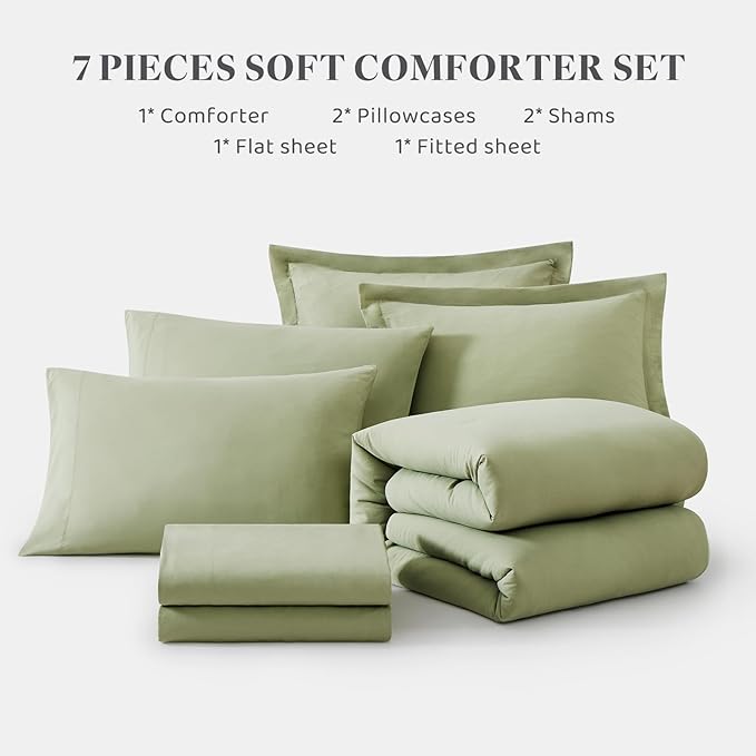 WRENSONGE Full Size Comforter Set- 7 Pieces Sage Green Bed in a Bag Full Size Comforter with Fitted Sheet, Flat Sheet, 2 Pillow Shams, 2 Pillowcases, Warm Bedding Sets for All Season