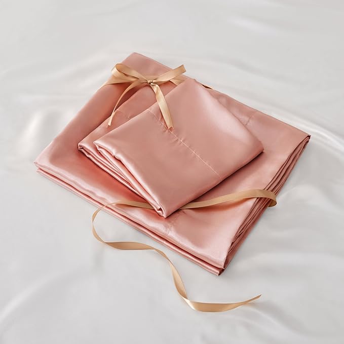BEDELITE Satin Sheets Twin XL Size Bed Set, Luxury Soft Rose Pink Silky Sheet for Hair and Skin, Similar to Silk Bed Sheets Set 3 Pieces with 1 Deep Pocket Fitted Sheet, 1 Flat Sheet, and 1 Pillowcase