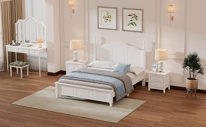 Harper & Bright Designs 3 Pieces Full Bedroom Sets, Wooden Platform Bed with 2 Nightstands, Retro Design Full Bedroom Furniture Sets, Easy to Assemble (White)