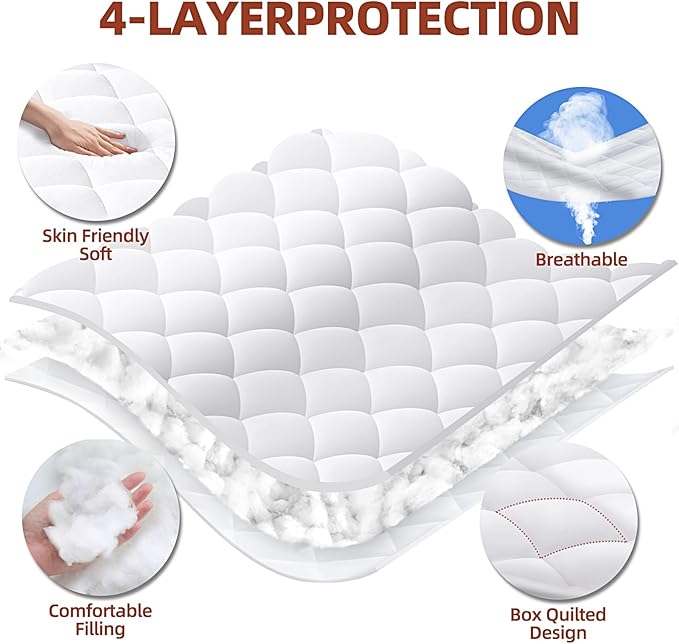 Queen Mattress Pad, Deep Pocket Quilted Premium Mattress Protector, Anti-Shift Design, Extra Elastic Strap, Soft Breathable & Noiseless Mattress Cover, Fit up to 22" (60x80 Inches, White)