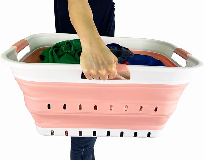 SAMMART 42L (11 gallon) Collapsible Plastic Laundry Basket - Foldable Pop Up Storage Container/Organizer - Space Saving Hamper/Basket (1, White/Quartz Pink) - Image 9