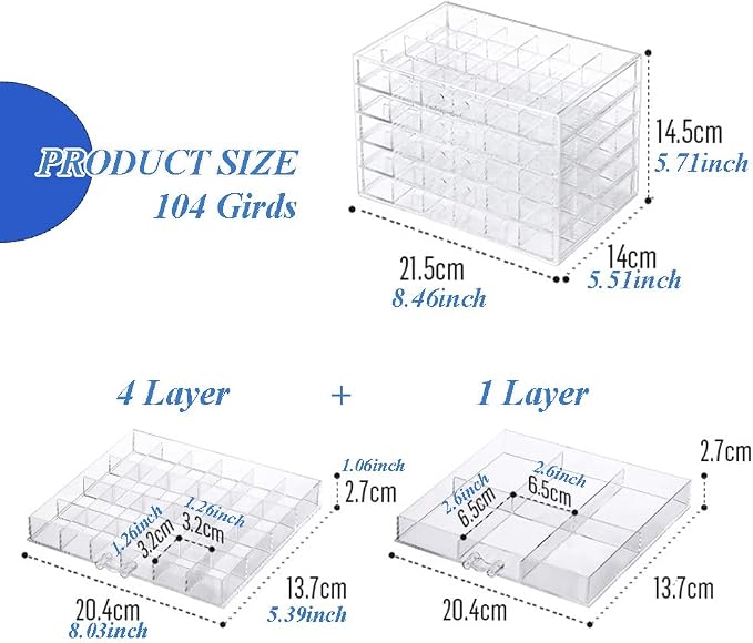 YUFONG Jewelry Boxes Earring Storage Box Organizer 5 Drawers Jewelry Organizer Acrylic Jewelry Storage Box Holder Compartment Transparent Display Storage Case Gift for Women Girls (102 Girds) - Image 7