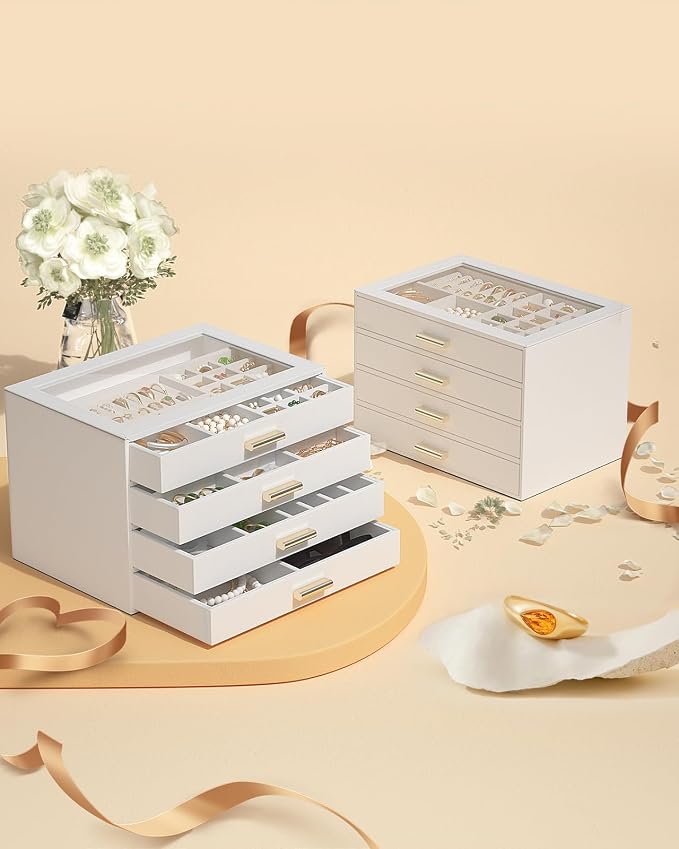 AKOZLIN Jewelry Box with Clear Lid Functional Leather Jewelry Storage Organizer Case 4 Drawers for Women Girls Necklace Ring Bracelet Earring - Image 8