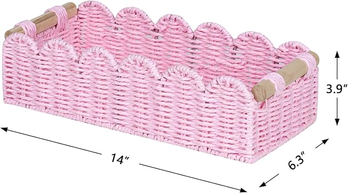 CubesLand Paper Rope Scalloped Edge Gift Basket Empty, Small Living Room,Bedroom Decor Baskets, Pink Woven Toilet Paper Storage Basket, with 2 Wooden Handle, Rectangular - Image 6