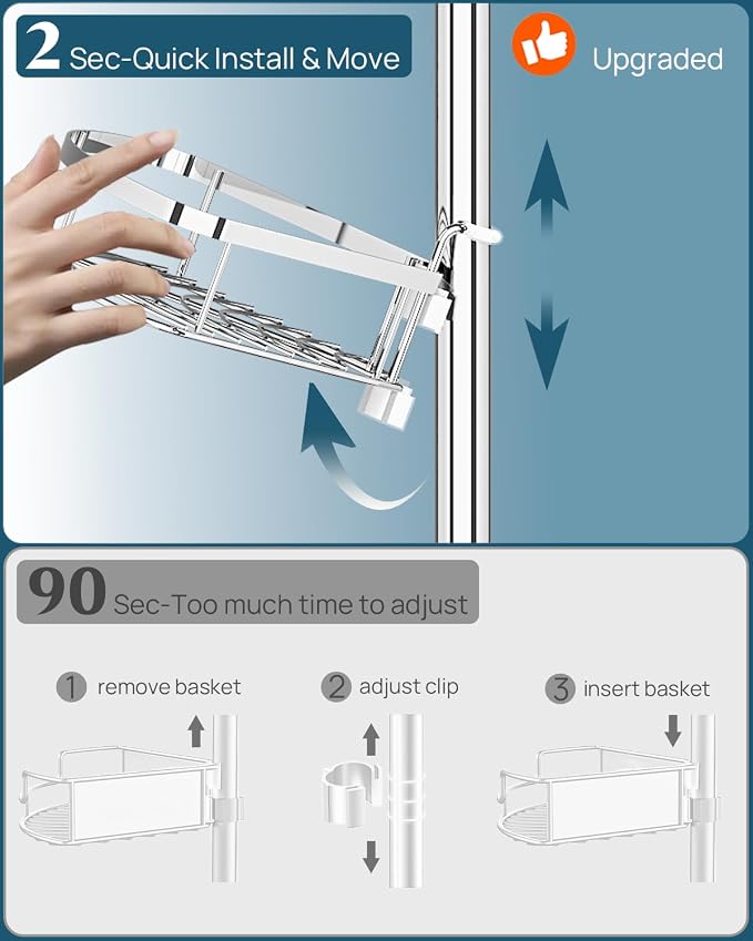 SEIRIONE Rustproof Shower Corner Caddy Organizer for Bathroom, 4 Adjustable Shelves with Tension Pole, for Bathtub Shampoo Accessories Storage Holder, 34 to 116 Inch Height, Silver - Image 7