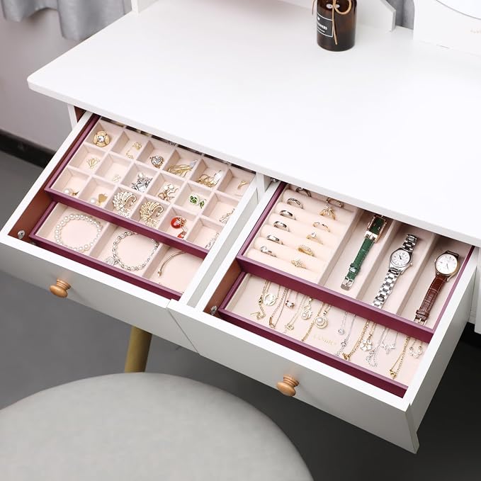 LANDICI Stackable Jewelry Organizer Trays 4 Set,PU Leather Jewelry Organizer Drawer,Jewelry Storage Display Tray for Earring Necklace Rings Bracelet with Removable Dividers,Purple - Image 7