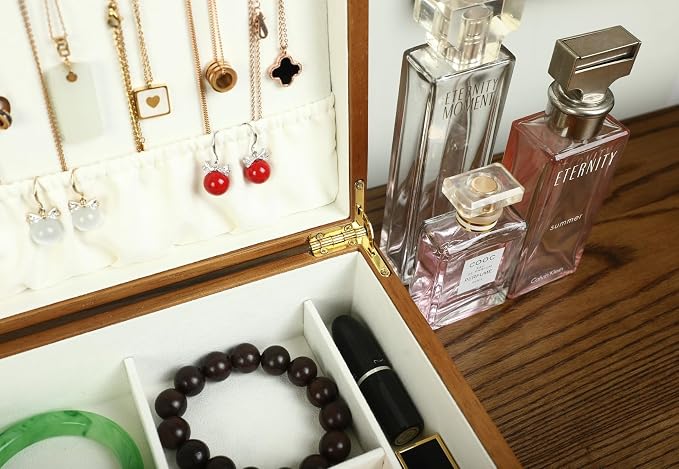 Solid Walnut Wood Jewelry Box with Lock, 2-Layer Vintage Jewelry Organizer for Men Women, Velvet-Lined Storage Chest with Key Lock (Beige) - Image 7