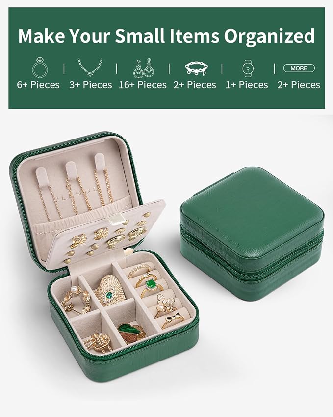 VLANDO Travel Jewelry Case, Small Travel Jewelry Organizer Box for Girls Women - Dark Green - Image 8