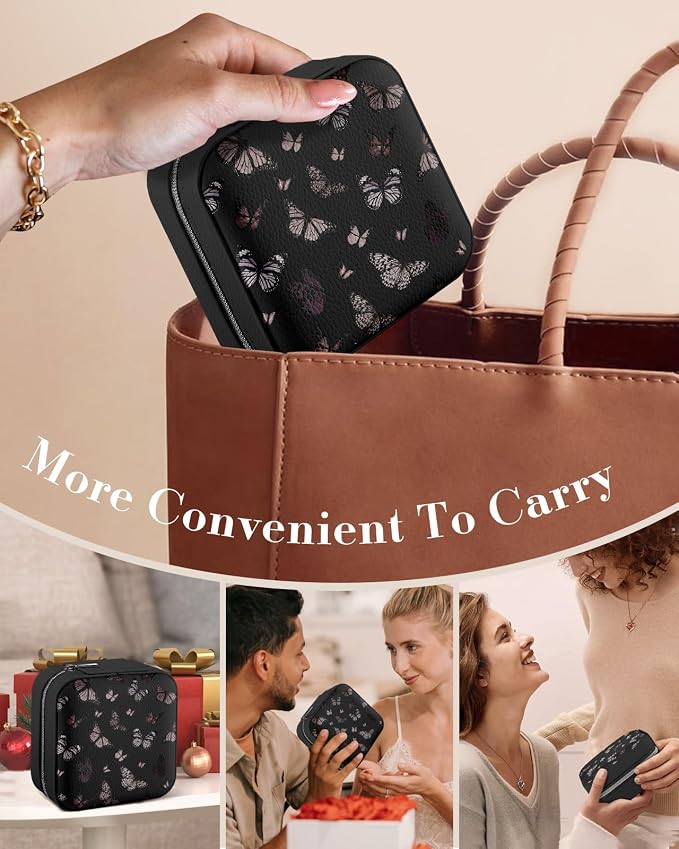 Bistup Travel Jewelry Case - Small Jewelry Organizers and Storage Box for Women Girls Teens Cute Traveling Jewelry Holder Mirror Little Tiny Compact Modern Unique Aesthetic Pretty, Black Butterfly - Image 6