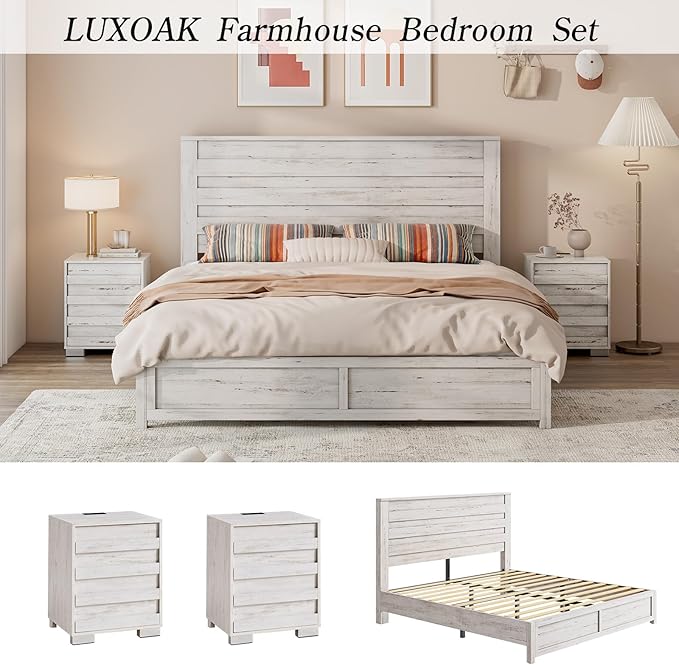 LUXOAK 3 Pcs Bedroom Furniture Sets, Farmhouse Full Size Bed Frame with 49" Tall Headboard and Nightstand Sets of 2 with Charging Station, Slated Handles & Stainless Steel Feet, Distressed White
