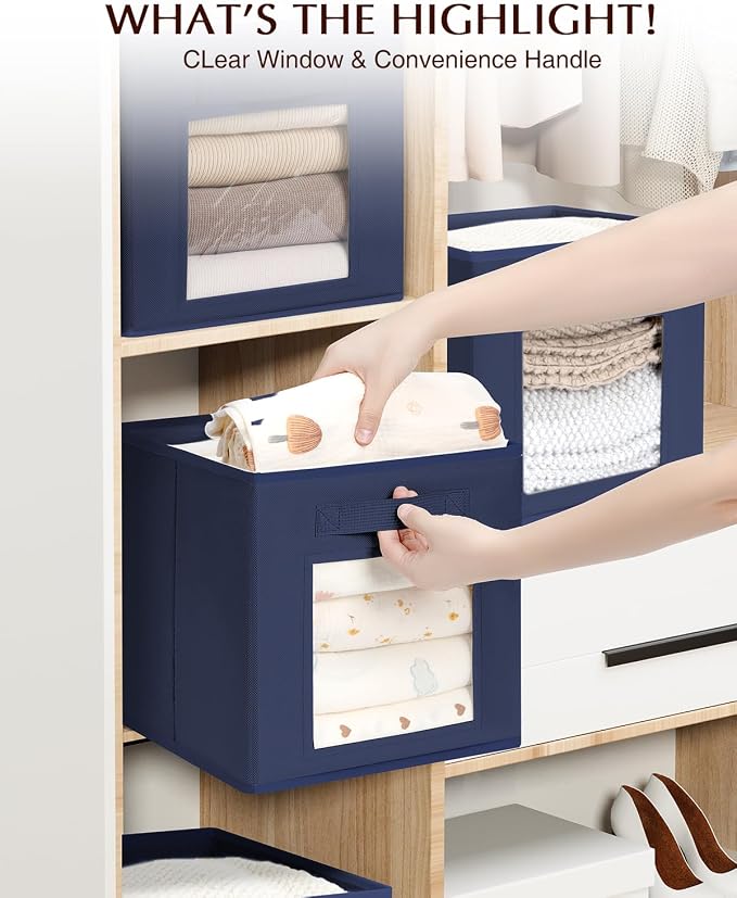 Homsorout Storage Cube 11 Inch - Cube Storage Bins with Window, Closet Storage Baskets with Handle, Fabric Bins for Closet, Shelves, Toys, Clothes, Set of 16, Navy Blue - Image 9