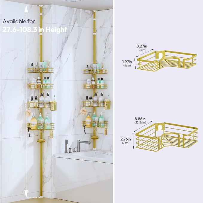SWTYMIKI Shower Caddy Tension Pole - 4-Tier Corner Shower Organizer Tension Rod with Soap Holder, Toothbrush Holder & 4 Hooks, Adjustable Stainless Steel Bathroom Organizer 27.6 to 108.3 inch, Gold - Image 8