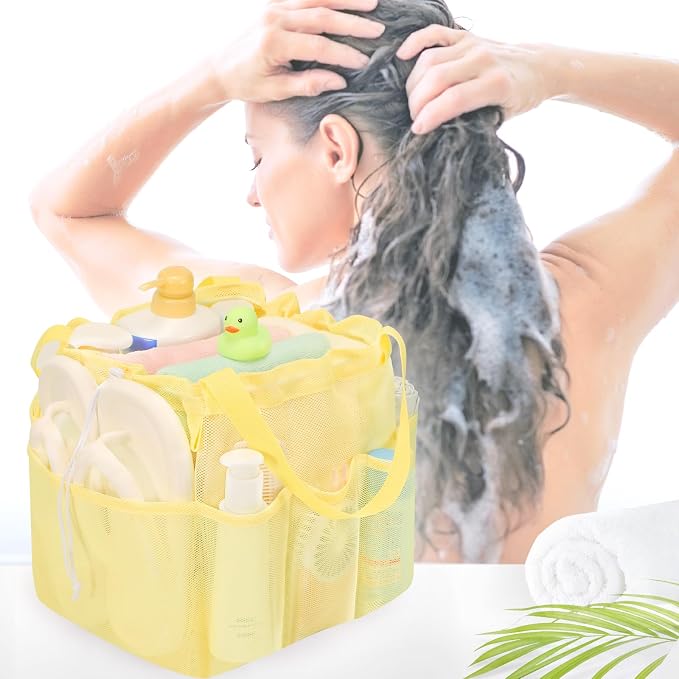 famichan Mesh Shower Caddy Portable with Drawstring, Dorm Room Essentials for College Students Girls & Boys, Large Shower Bag for Camping,Swimming,Gym,Travel,Bathroom - Yellow - Image 9