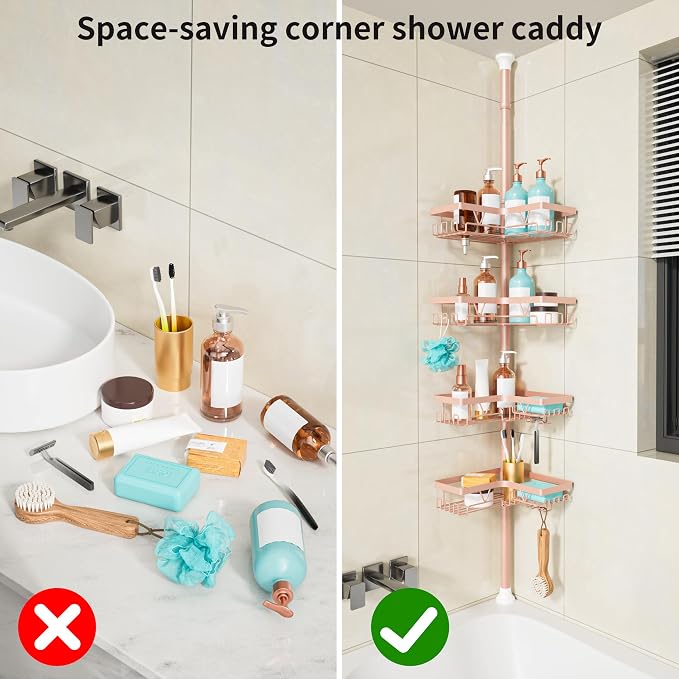 KEGII Corner Shower Caddy Tension Pole - 4-Tier Rustproof Bathroom Organizer, Floor to Ceiling Shower Caddy 25-114.2 inch, No Drilling Shower Storage Rack for Shampoo, Towels (Blush Nude) - Image 7