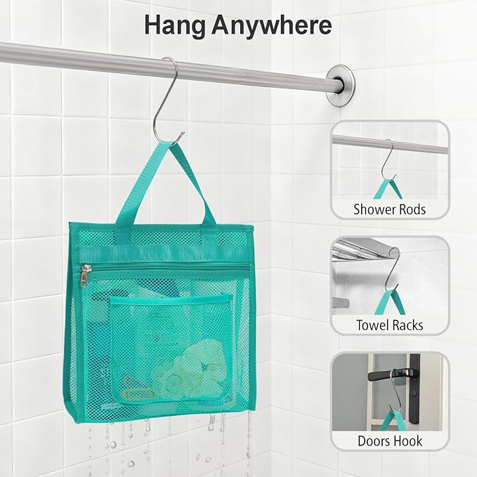 F-color Mesh Shower Caddy Portable Hanging - 3 Pockets Small Shower Bag Tote for Camping, Gym, Travel, Toiletry, Quick Dry Bathroom Essentials with S Hook, Mint Green - Image 7