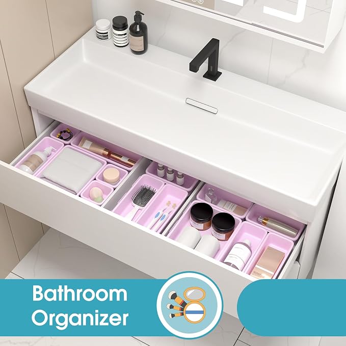 10 PCS Drawer Organizer Set, 4 Size Makeup Drawer Divider Organizer With Non-Slip Pads, Interlocking Plastic Storage Bins for Office,Jewelry Vanity,Gadgets, Bathroom,Kitchen, Purple - Image 7