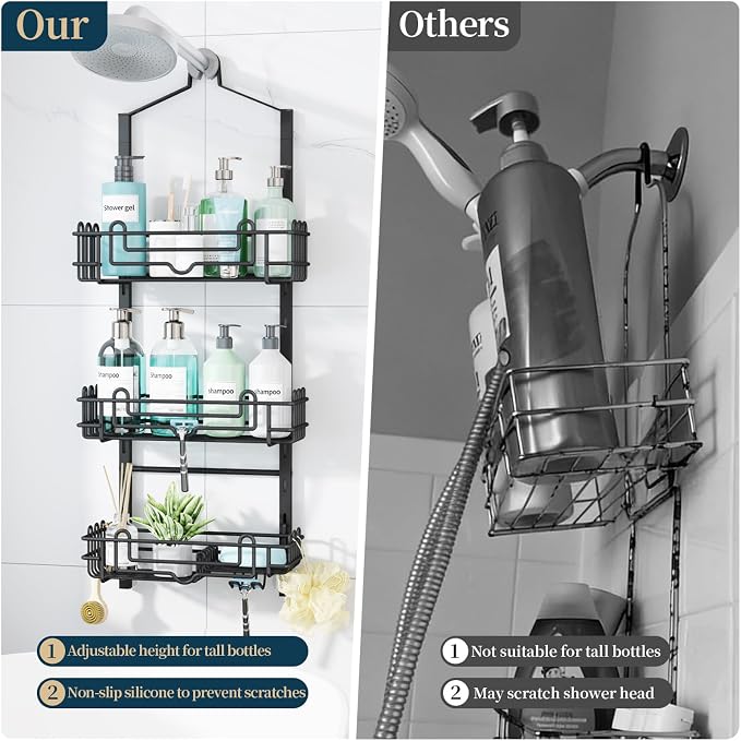 Consumest Shower Caddy Hanging – Rustproof Over Shower Head Hanger with Soap Holder and Hooks, Anti-Slip Shower Shelves for Storage, Bathroom Organizer for Apartment, Dorm, Black - Image 7