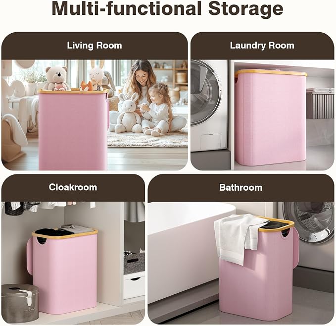 Hampers for Laundry Basket with Lid, 160L Extra Large 3 Section Clothes Divided Organizer for Bedroom, Laundry Room, Dirty Clothing Hamper, Pink - Image 6