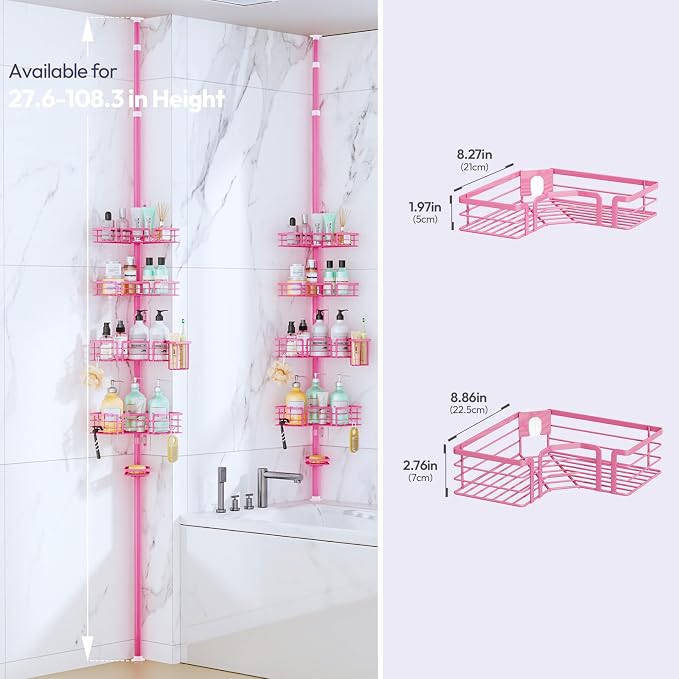 SWTYMIKI Shower Caddy Tension Pole - 4-Tier Corner Shower Organizer Tension Rod with Soap Holder, Toothbrush Holder & 4 Hooks, Adjustable Stainless Steel Bathroom Organizer 27.6 to 108.3 inch, Pink - Image 8