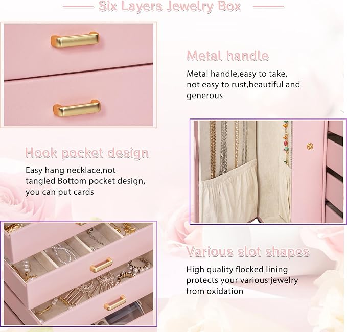 AKOZLIN Large Jewelry Box Organizer Functional with Big Mirror, Leather Jewelry Storage Case for Women Girls Ring Necklace Earring Bracelet Holder Organizer - Image 8