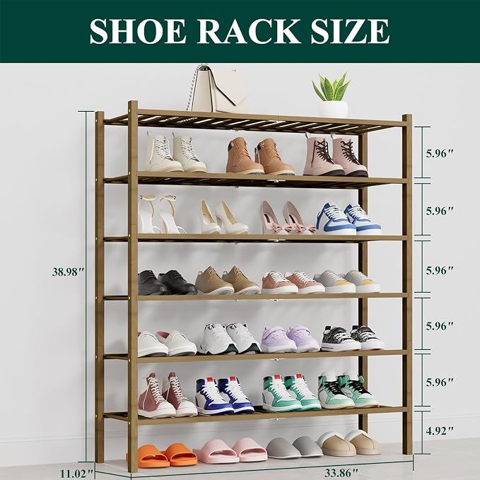 Smiry Shoe Rack, 6 Tier Thick Long Bamboo Shoe Organizer, Stackable Free Standing Wooden Shoe Storage Shelf for Closet, Entryway, Front Door Entrance, Walnut - Image 2