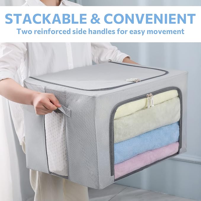 CYhom 3Pack Frame Storage Box - Clothes Storage Bin Bags Oxford Fabric Foldable Stackable Container Organizer Set with Clear Window & Carry Handles (Grey, X-Small-36L) - Image 9