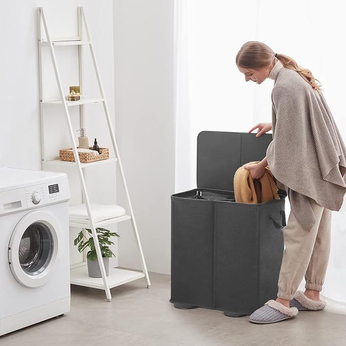 Lifewit Double Laundry Hamper with Lid and Removable Laundry Bags, Large Collapsible 2 Dividers Dirty Clothes Basket with Handles for Bedroom Laundry Room Closet Bathroom College, 155L Black - Image 6