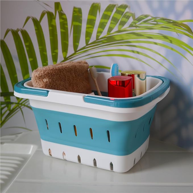 Portable Folding Plastic Bath Shower Caddy with Handle 2 Pack, Perforated, Collapse Travel Bathroom Organizer for Bedroom, College, Shower, Dorm Room, Camping and RV Use (Grey/Blue, 2 pack) - Image 6