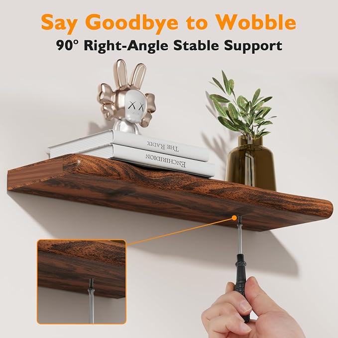 Solid Wood Live Edge Floating Shelves Set of 2 – 24" Rustic Wall Shelf with Hidden Bracket System, Wall Mounted Shelves for Bathroom, Kitchen, Living Room, Bedroom (Glazed Walnut) - Image 9