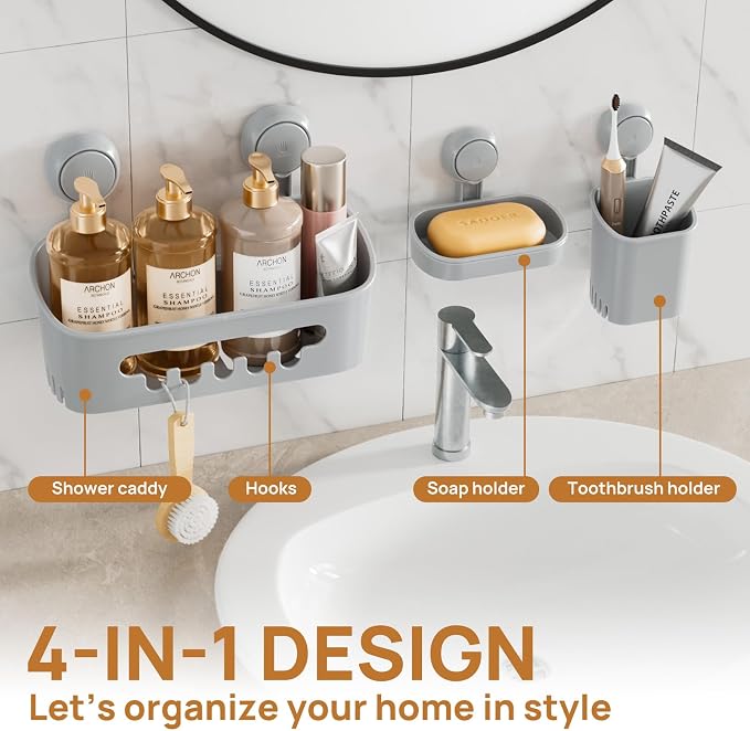 LEVERLOC Shower Caddy Suction Cup Set Shower Organizer & Soap Holder & Toothbrush Holder, Bathroom Shelf Basket NO-Drilling, Removable Suction Storage Waterproof Bathroom Caddy, Gray - Image 9