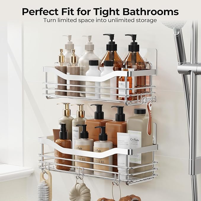 Orimade Shower Caddy Basket Shelf Storage Rack Pack of 2, No Drilling Wall Mounted Adhesive Rust Resistant Stainless Steel Shower Organizer with 5 Hooks for Bathroom, Toilet, Kitchen - Image 9