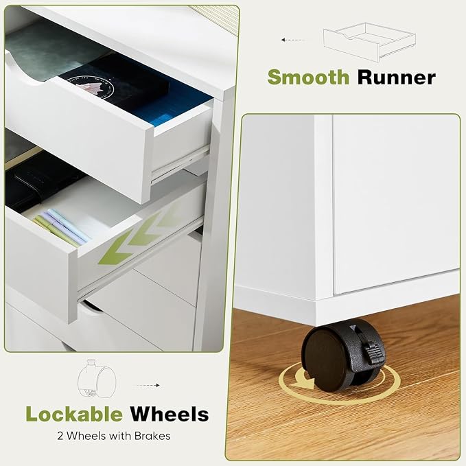 7 Drawer Mobile File Cabinet Under Desk Storage Organization with Wheels Vertical Filing Chest Rolling Wood Small Desk Printer Stand for Home Office, White - Image 8