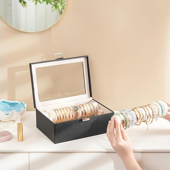 Lolalet Bracelet Display Holder with Rods for Bangles Watches, Clear Lid Jewelry Organizer Box Storage Case for Mothers Day Gifts -Black, 2 Rolls - Image 6