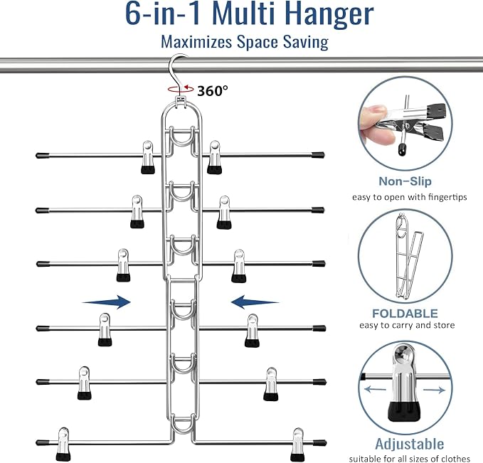 Pants & Skirt Hangers with Clips, Newly Upgraded Detachable - Space Saving Hangers, 6-Tiers Foldable Skirt Hangers for Women - Hanging Closet Organizer and Storage - 4 Pack, Patent Pending - Image 6