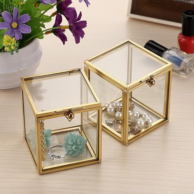 Hipiwe 2 Packs Vintage Glass Jewelry Organizer Box - Small Golden Metal Keepsake Box Desktop Jewelry Organizer Holder, Wedding Birthday Gift, Square Vanity Decorative Box for Dresser Bathroom - Image 9