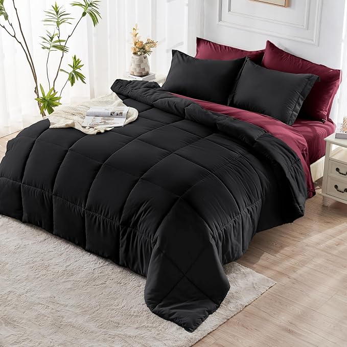 JOLLYVOGUE California King Comforter Set, Ultra-Soft Bed in a Bag Cal King Size 7 Pieces, Oeko-TEX Certified Bedding Set with Down Alternative Comforter, Sheets, Pillowcases & Shams, Burgundy & Black