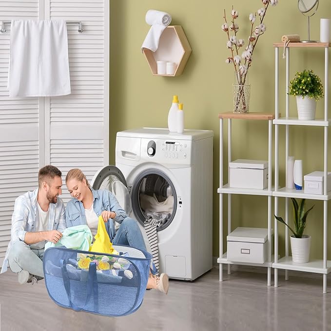 Extra Large Mesh Pop Up Laundry Hamper, 100L Collapsible Laundry Basket, Dirty Clothes Hamper with Reinforced Handles, Storage Bins for Shelves, Dorm or Home Portable Stair Laundry Basket. Blue - Image 7