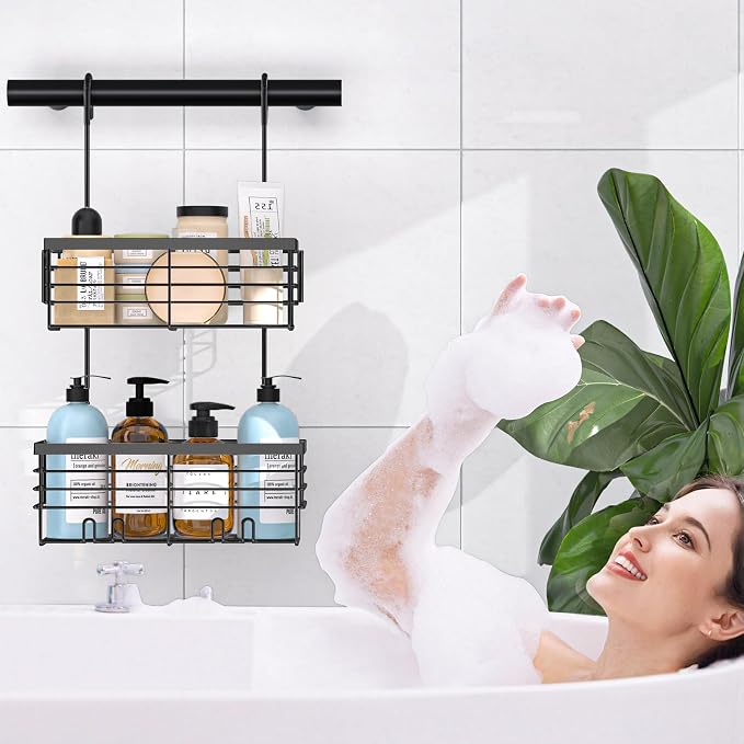 YUOROS Hanging Shower Caddy, 2 Tier Over the Door Shower Organizer Rack Organizer Stainless Steel Rustproof (Black) - Image 7