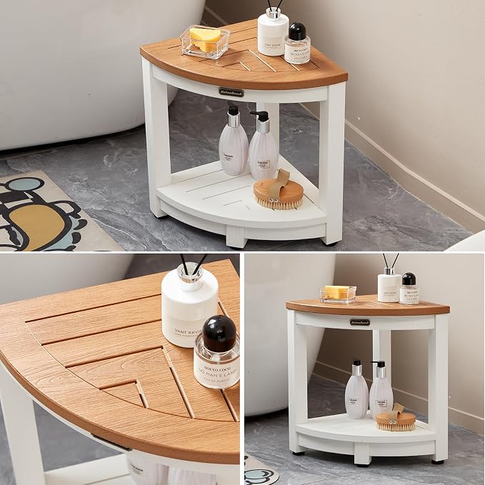 KaimuBench HDPS Corner Shower Stool for Shaving Leg, Waterproof Shower Bench Seat for Inside Shower, Poly Lumber Plastic Bath Shower Chair Seat, White+Brown, Weight Capacity 500LBS - Image 6